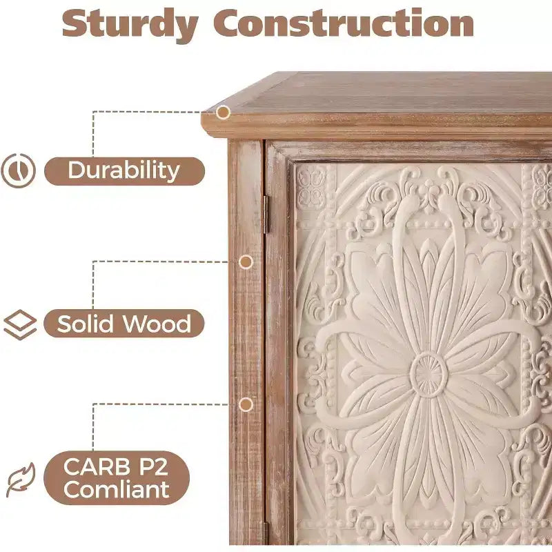 Heynemo Armadietto rustico con 3 ante intagliate, credenza vintage con ripiani