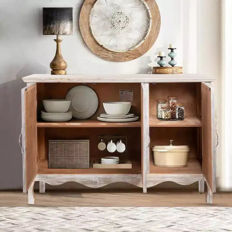 Heynemo Armadietto rustico con 3 ante intagliate, credenza vintage con ripiani