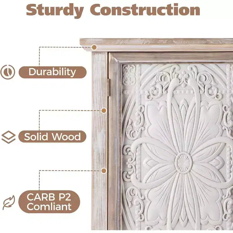 Heynemo Armadietto rustico con 3 ante intagliate, credenza vintage con ripiani