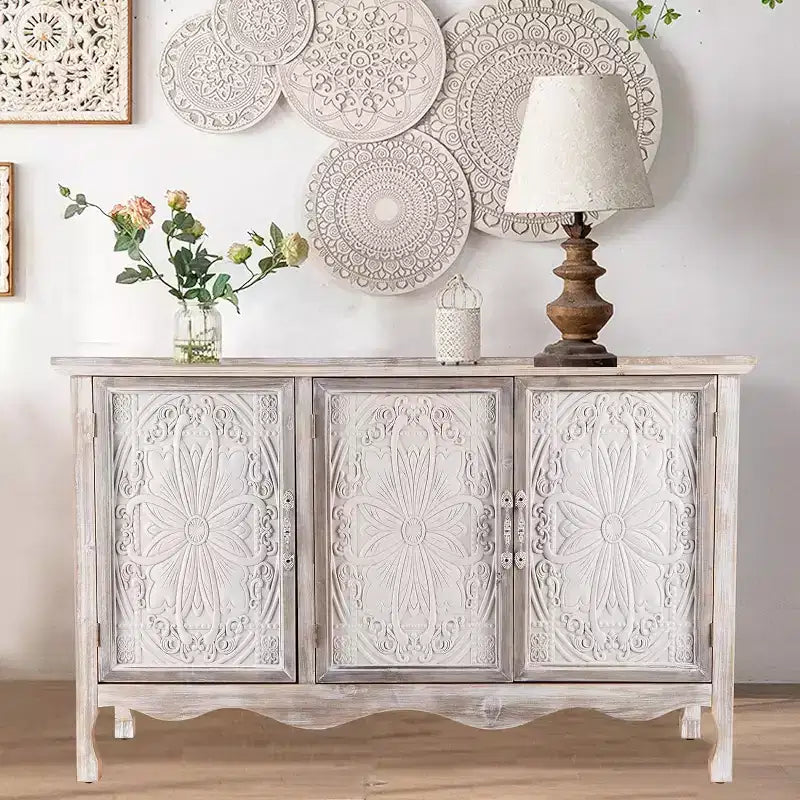 Heynemo Armadietto rustico con 3 ante intagliate, credenza vintage con ripiani