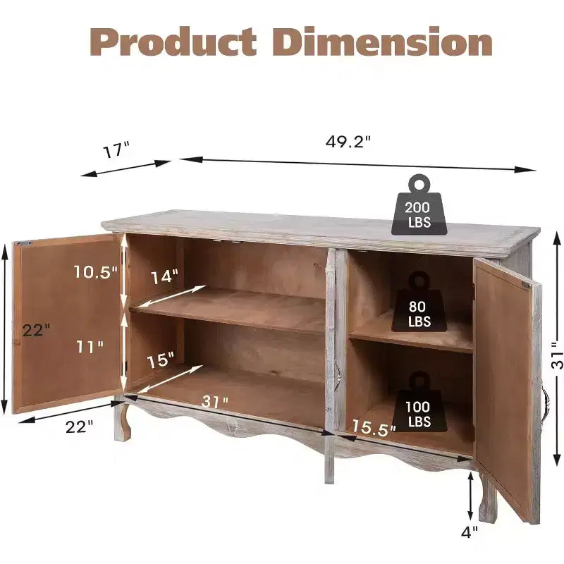 Heynemo Armadietto rustico con 3 ante intagliate, credenza vintage con ripiani