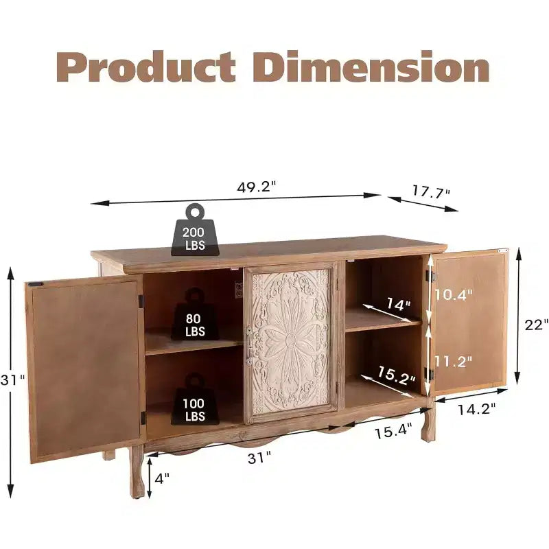 Heynemo Armadietto rustico con 3 ante intagliate, credenza vintage con ripiani