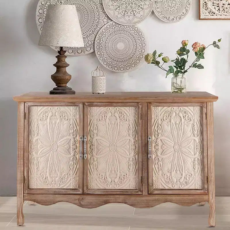 Heynemo Armadietto rustico con 3 ante intagliate, credenza vintage con ripiani