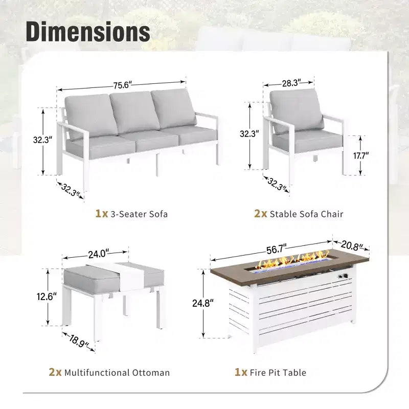 Set di 6 pezzi con braciere e pouf da esterno in alluminio Captiva Designs