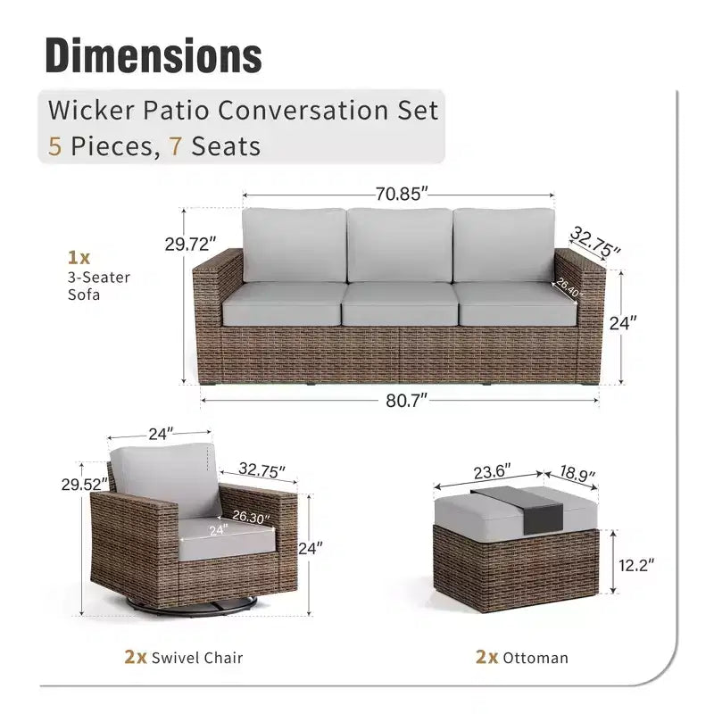 Captiva Designs Set da conversazione da esterno in vimini a 5 pezzi con pouf per patio, ponte e bordo piscina