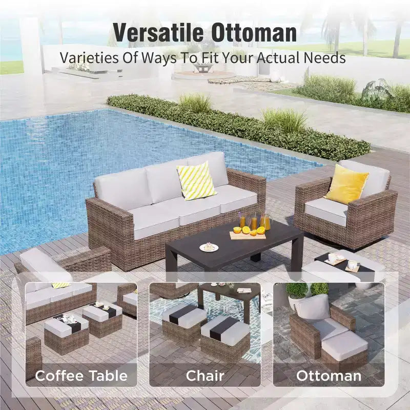 Captiva Designs Set da conversazione da esterno in vimini a 5 pezzi con pouf per patio, ponte e bordo piscina