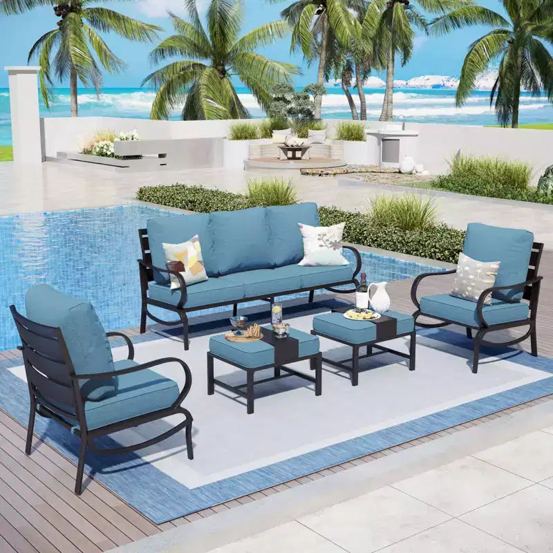Set da conversazione Captiva Designs da 5 pezzi in metallo per esterni con pouf per giardino, portico, cortile