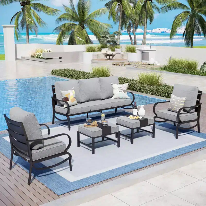 Set da conversazione Captiva Designs da 5 pezzi in metallo per esterni con pouf per giardino, portico, cortile