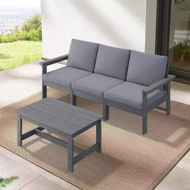 Hyleory Divano a 3 posti moderno in HDPE con cuscini morbidi rimovibili e tavolino da caffè a doghe larghe - Design durevole resistente alle intemperie e facile da pulire