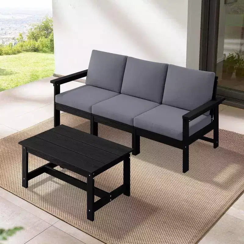 Hyleory Divano a 3 posti moderno in HDPE con cuscini morbidi rimovibili e tavolino da caffè a doghe larghe - Design durevole resistente alle intemperie e facile da pulire