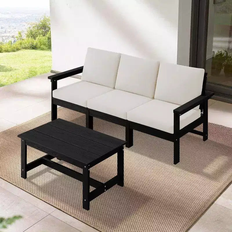 Hyleory Divano a 3 posti moderno in HDPE con cuscini morbidi rimovibili e tavolino da caffè a doghe larghe - Design durevole resistente alle intemperie e facile da pulire