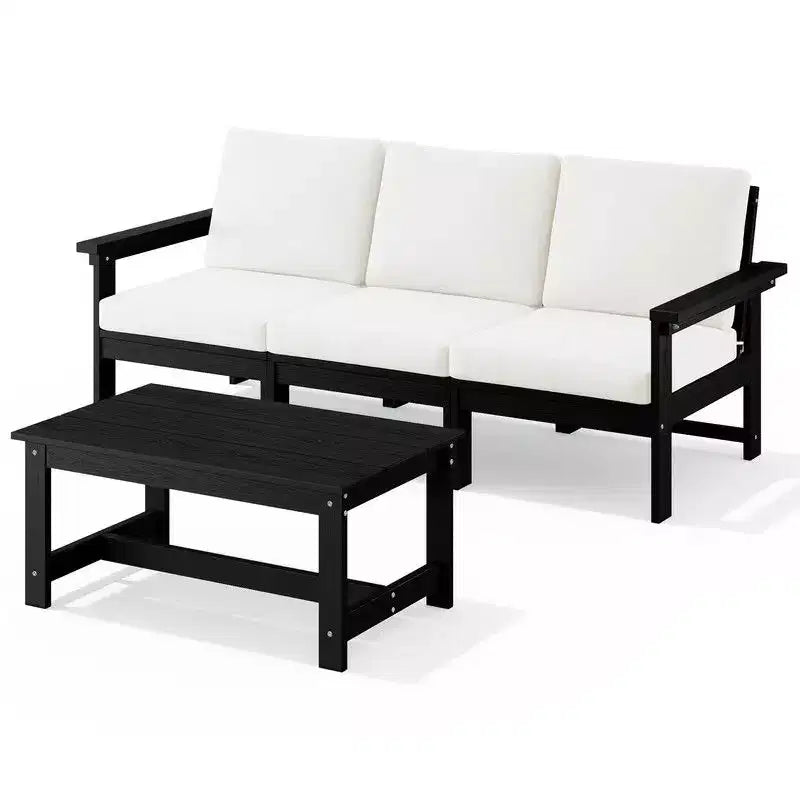 Hyleory Modern HDPE 3-Seater Sofa Set with Removable Soft Cushions and Wide Slat Coffee Table - Durable Weather-Resistant Easy-Clean Design