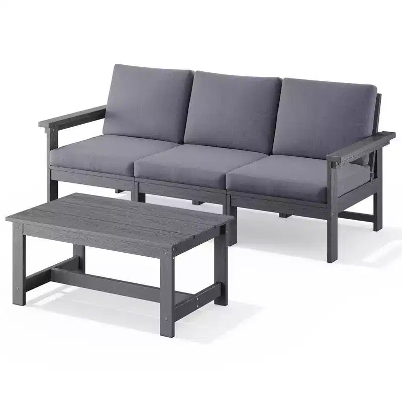 Hyleory Divano a 3 posti moderno in HDPE con cuscini morbidi rimovibili e tavolino da caffè a doghe larghe - Design durevole resistente alle intemperie e facile da pulire