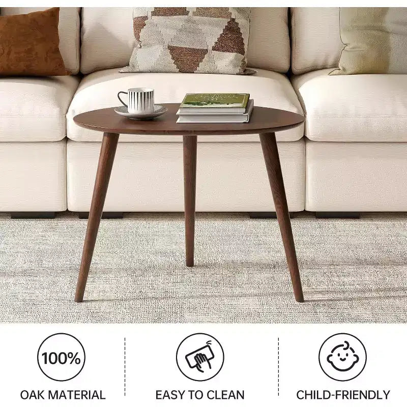GDFStudio Beau Tavolino da Caffè Ovale Mid-Century Modern 25.59 W in Legno Massello di Quercia con Tre Gambe