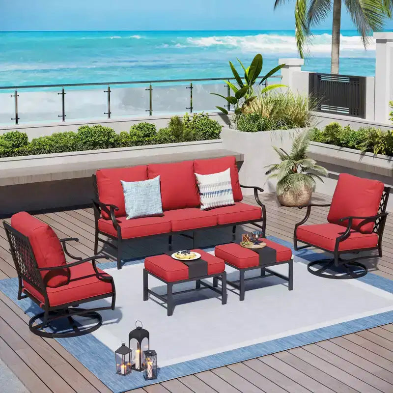Captiva Designs Set da conversazione da esterno in metallo da 5 pezzi con sedie e pouf girevoli con schienale a griglia