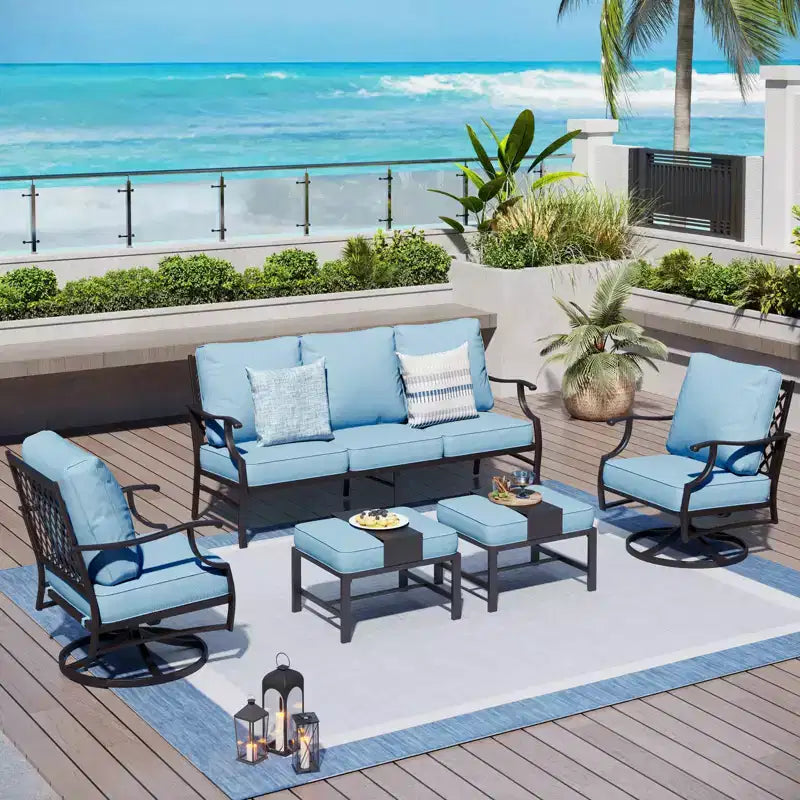 Captiva Designs Set da conversazione da esterno in metallo da 5 pezzi con sedie e pouf girevoli con schienale a griglia