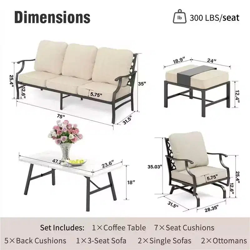 Captiva Designs Set da 6 pezzi da conversazione per esterni in metallo con sedie a dondolo con schienale a griglia, poggiapiedi e tavolino da caffè