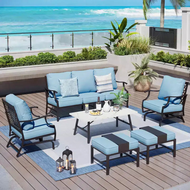 Captiva Designs Set da 6 pezzi da conversazione per esterni in metallo con sedie a dondolo con schienale a griglia, poggiapiedi e tavolino da caffè
