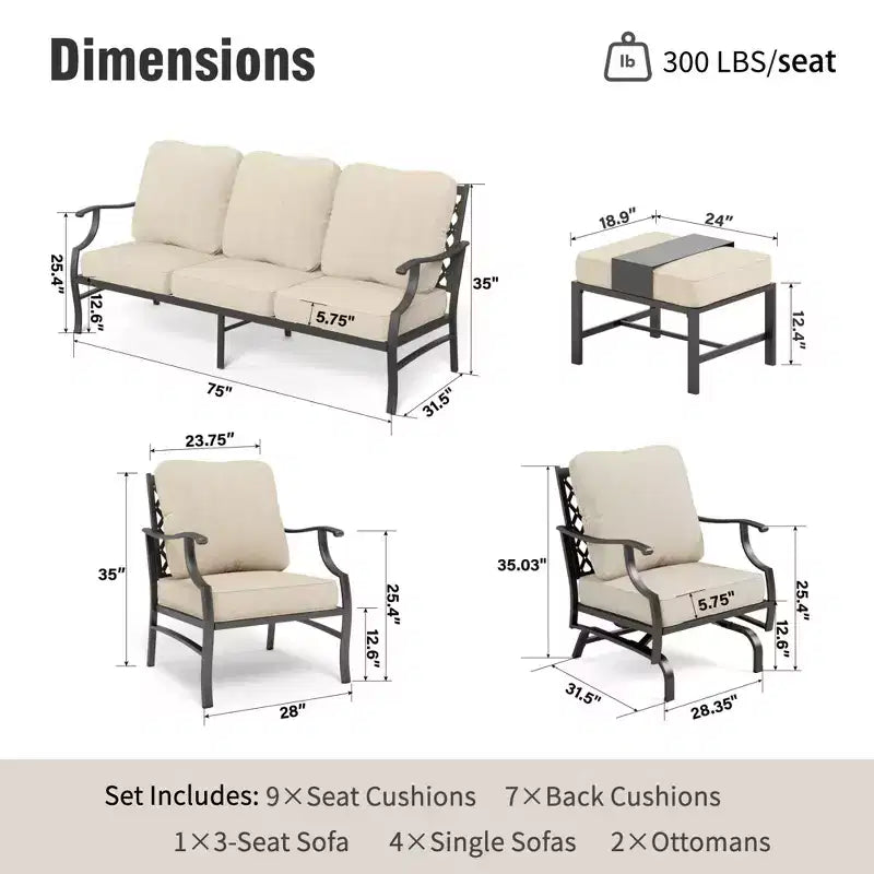 Captiva Designs Set da conversazione da esterno in metallo da 7 pezzi con sedie a dondolo con schienale a griglia, poggiapiedi per giardino, bordo piscina, cortile