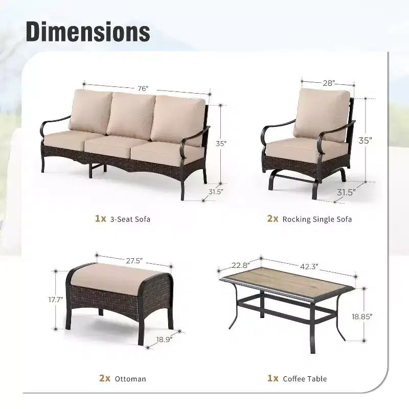 Captiva Designs Set da conversazione da esterno extra large in metallo e rattan da 6 pezzi con sedie a dondolo e poggiapiedi