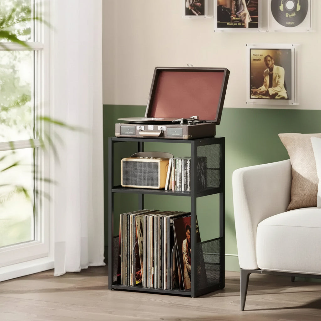 3 - Tier Record Player Stand & Side Table - Holds up to 100 Vinyl Records, Ideal for Living & Bedroom