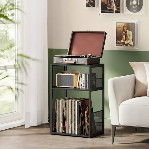 3 - Tier Record Player Stand & Side Table - Holds up to 100 Vinyl Records, Ideal for Living & Bedroom