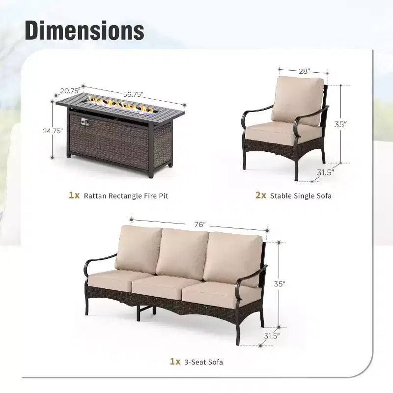 Captiva Designs Set da 4 Pezzi con Focolare da Esterno Extra Large in Metallo e Rattan e Poltrone Singole