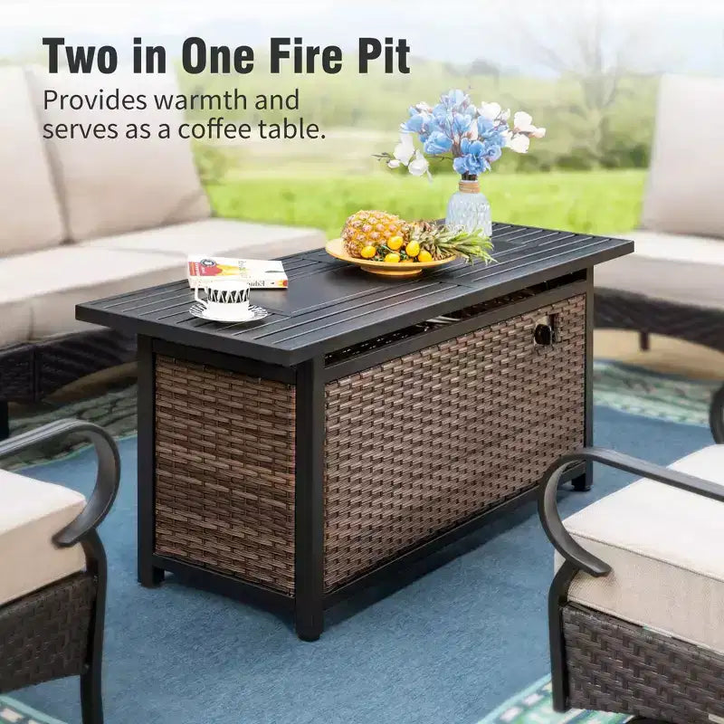 Captiva Designs Set da 4 Pezzi con Focolare da Esterno Extra Large in Metallo e Rattan e Poltrone Singole