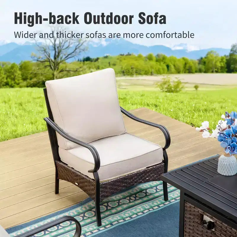 Captiva Designs Set da 4 Pezzi con Focolare da Esterno Extra Large in Metallo e Rattan e Poltrone Singole