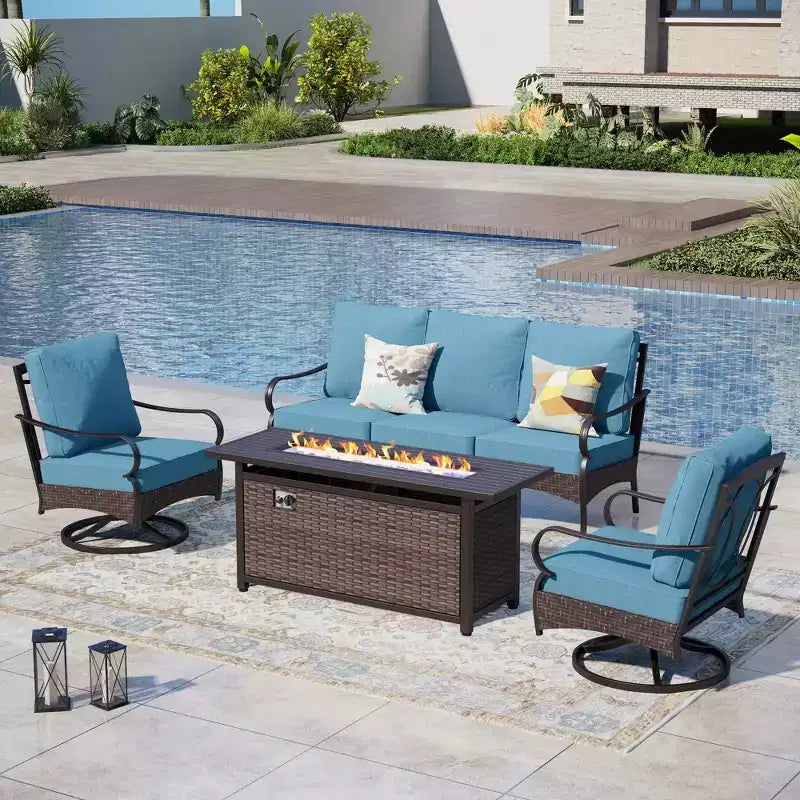 Ensemble de patio extérieur Captiva Designs de 4 pièces, extra large, en métal et rotin avec foyer et canapés pivotants
