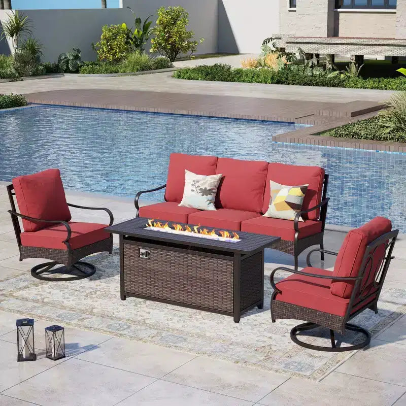 Ensemble de patio extérieur Captiva Designs de 4 pièces, extra large, en métal et rotin avec foyer et canapés pivotants