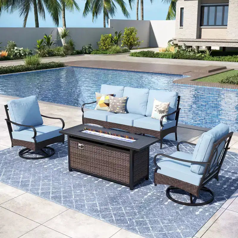 Ensemble de patio extérieur Captiva Designs de 4 pièces, extra large, en métal et rotin avec foyer et canapés pivotants