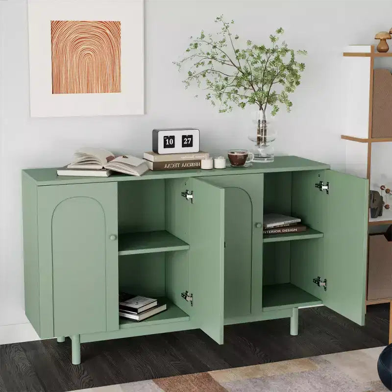 Mobile credenza a 4 ante da 59W Mobile da buffet con armadio portaoggetti Tavolino consolle con ante intagliate e ripiani regolabili, Bianco/Verde Menta-ModernLuxe