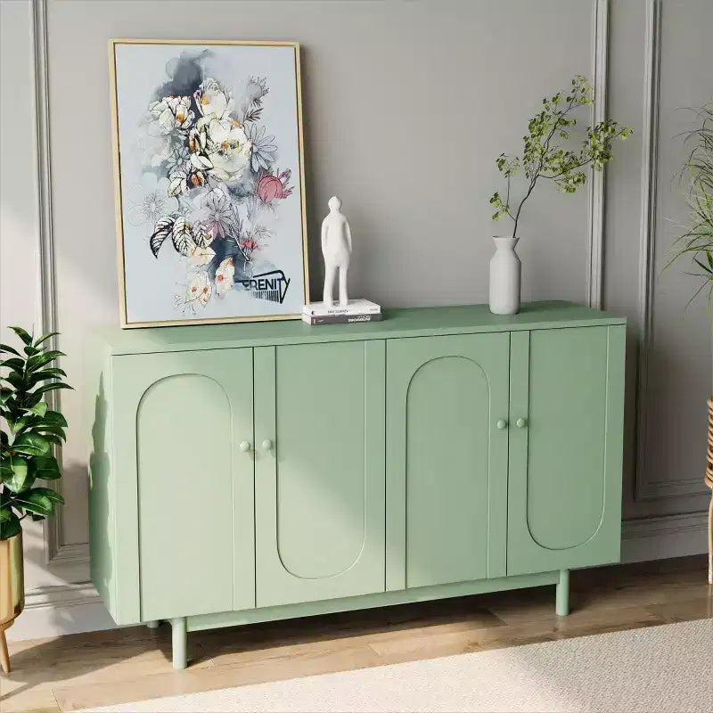 Mobile credenza a 4 ante da 59W Mobile da buffet con armadio portaoggetti Tavolino consolle con ante intagliate e ripiani regolabili, Bianco/Verde Menta-ModernLuxe