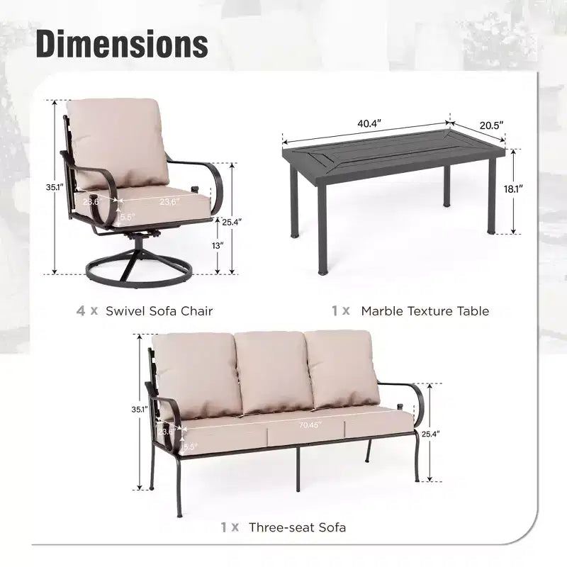 Captiva Designs Set Conversazione da Esterno Extra Large in Metallo da 6 Pezzi con Sedie Girevoli con Schienale Decorato