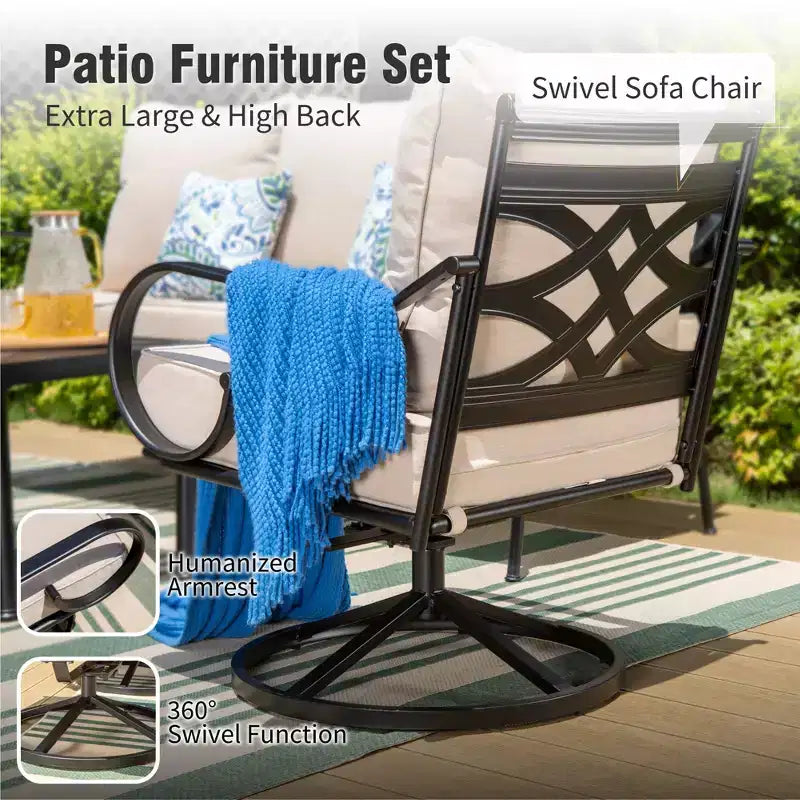 Captiva Designs Set Conversazione da Esterno Extra Large in Metallo da 6 Pezzi con Sedie Girevoli con Schienale Decorato