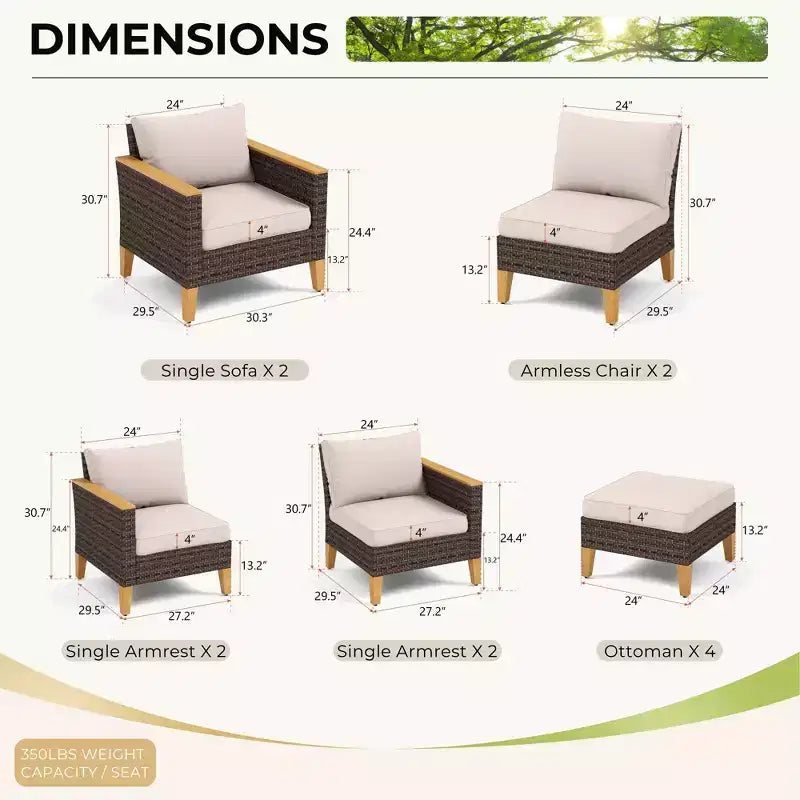 Captiva Designs Ensemble de conversation d'extérieur 12 pièces en rotin et osier avec pouf rembourré