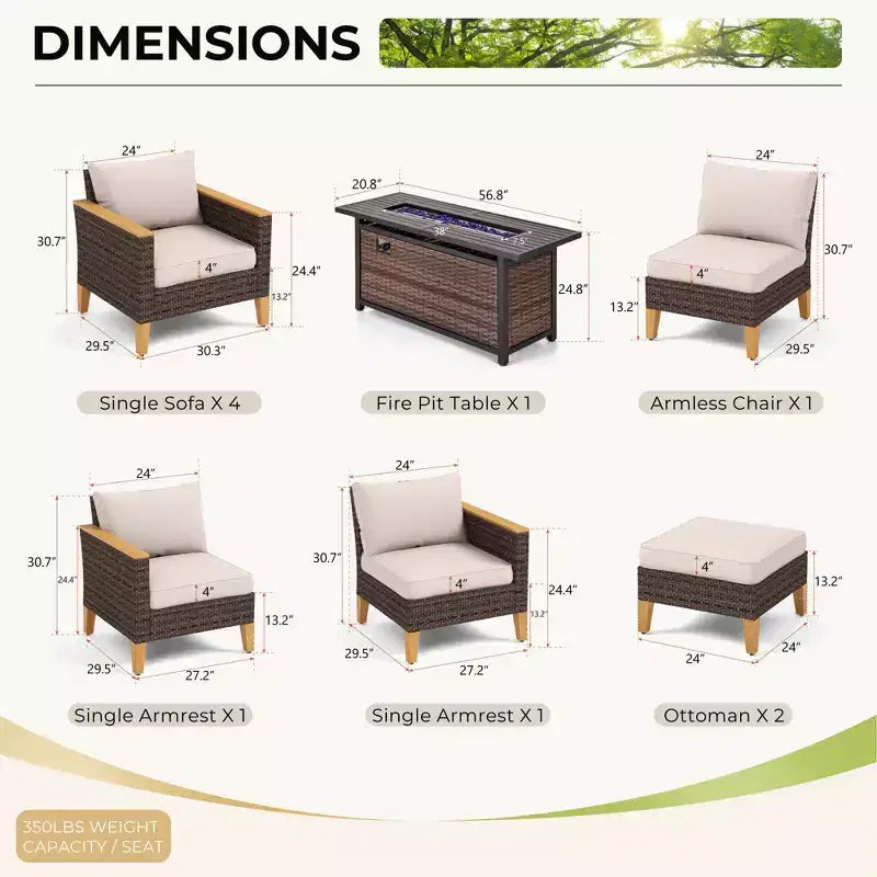 Captiva Designs Set Divano Sezionale da Esterno in Rattan Intrecciato da 10 Pezzi con Tavolo Focolare e Pouf Imbottito