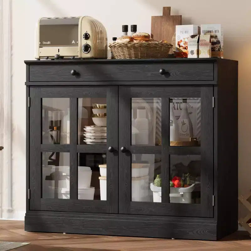 35.4 Sideboard Buffet Cabinets with Storage, Kitchen Coffee Bar Cabinet with Glass Door, Modern Sideboard Buffet with Drawer, White Sideboard Cabine