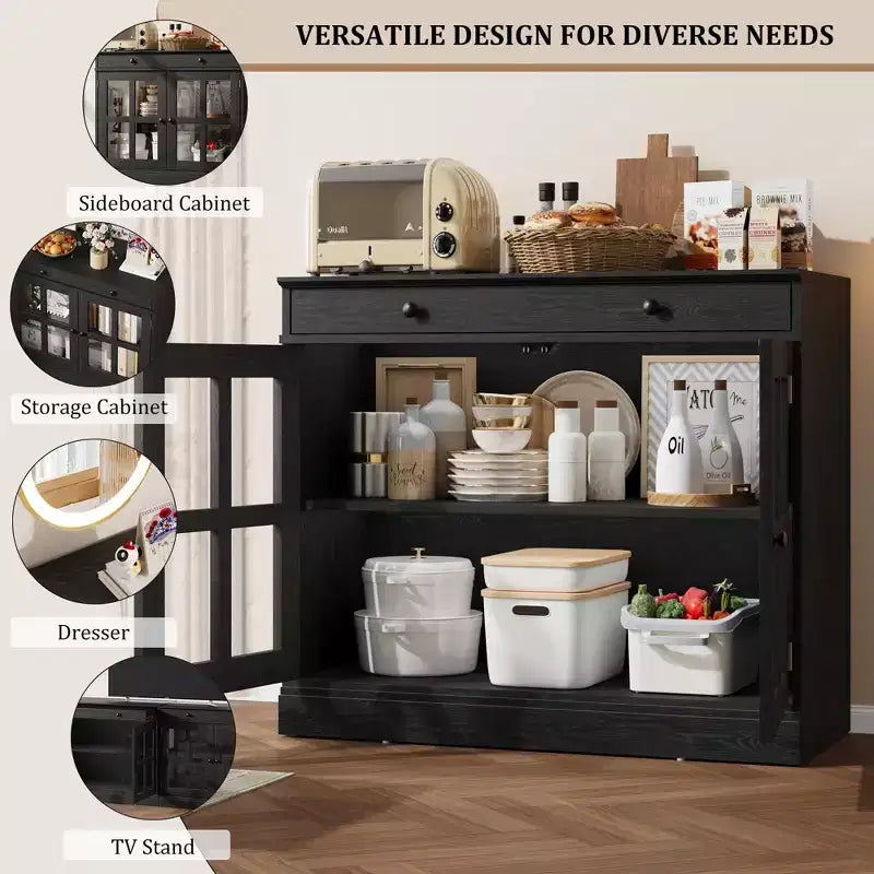 35.4 Armoires de buffet avec rangement, buffet de cuisine avec porte vitrée, buffet moderne avec tiroir, armoire de buffet blanche