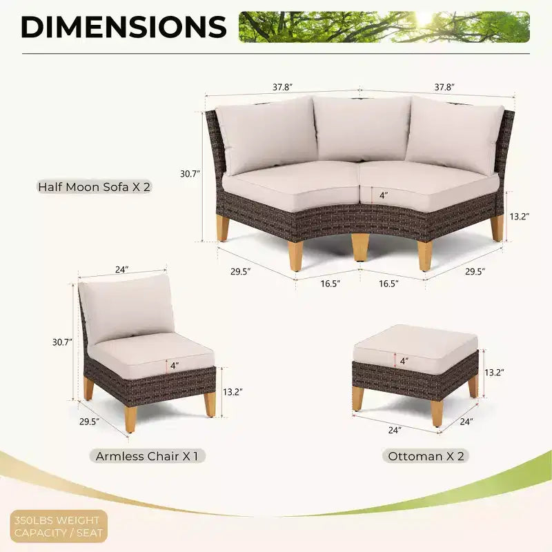 Captiva Designs Set Divano Sezionale Curvo Semicircolare da Esterno in Rattan di Vimini a 7 Pezzi con Pouf Imbottito