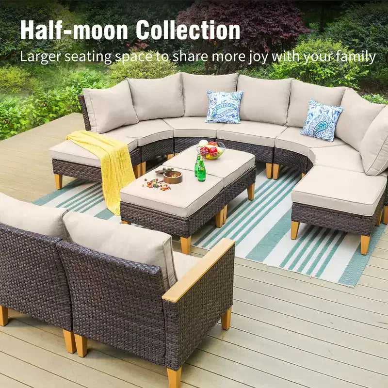 Captiva Designs Set Divano Sezionale Curvo Semicircolare da Esterno in Rattan di Vimini a 7 Pezzi con Pouf Imbottito