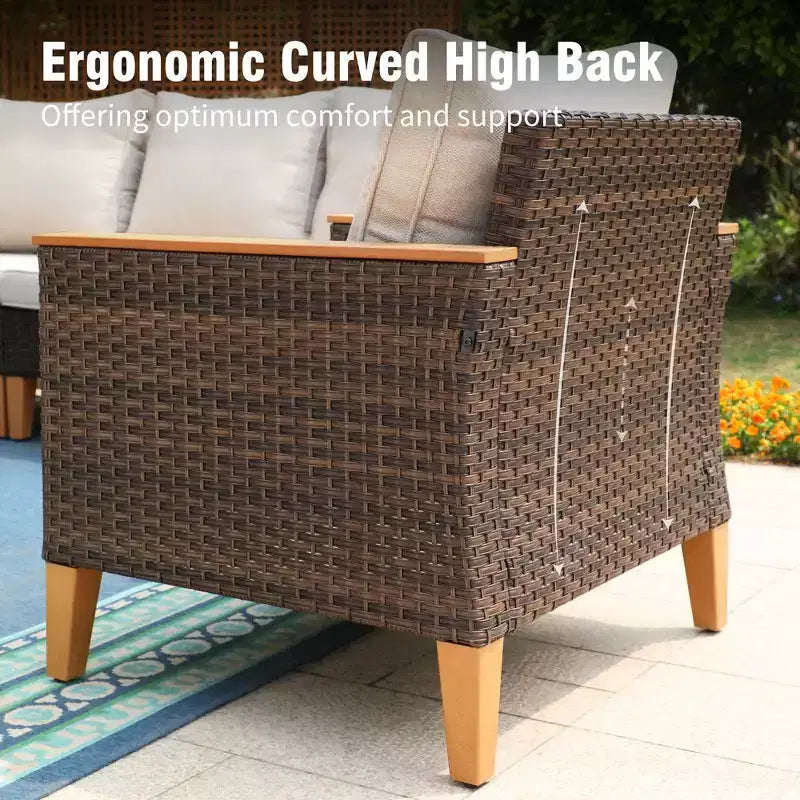Captiva Designs Set Divano Sezionale Curvo Semicircolare da Esterno in Rattan di Vimini a 7 Pezzi con Pouf Imbottito