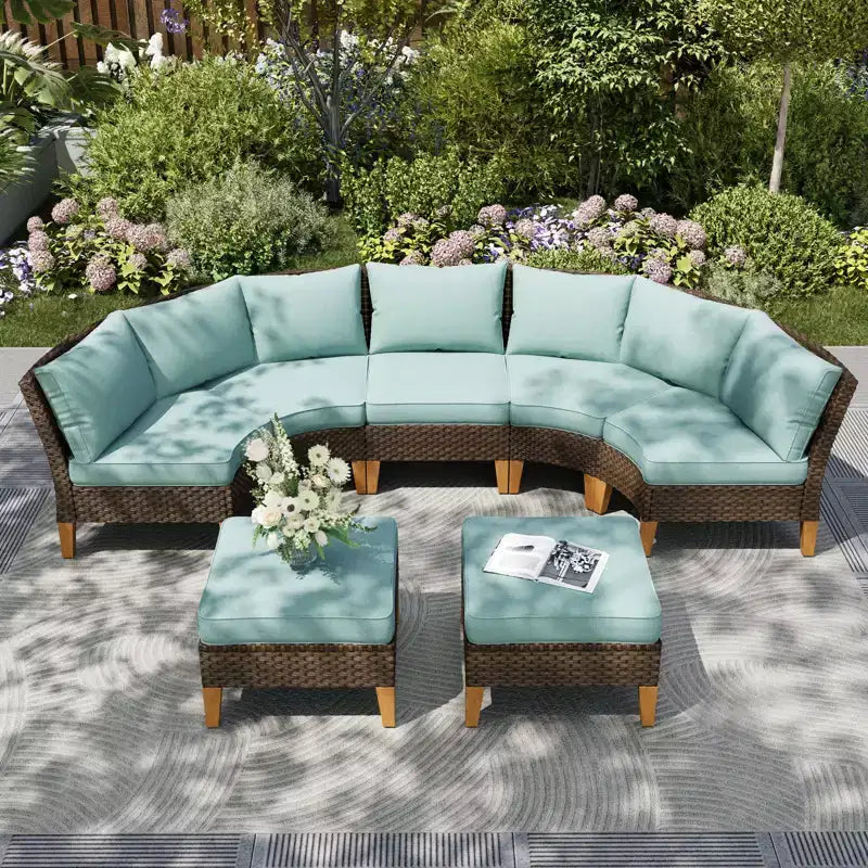 Captiva Designs Set Divano Sezionale Curvo Semicircolare da Esterno in Rattan di Vimini a 7 Pezzi con Pouf Imbottito