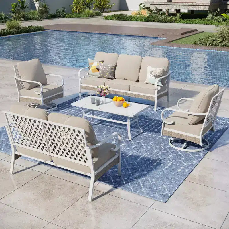 Captiva Designs Set da conversazione da esterno 5 pezzi extra large in metallo e rattan con poltrone girevoli a griglia e divanetto