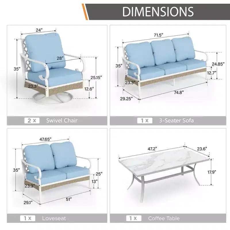 Captiva Designs Set da conversazione da esterno 5 pezzi extra large in metallo e rattan con poltrone girevoli a griglia e divanetto