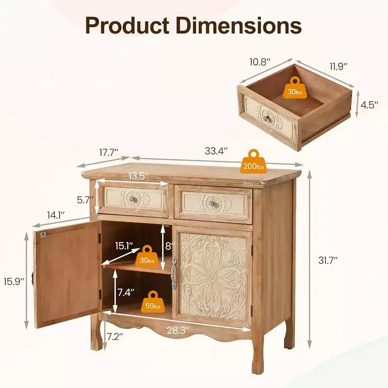 Credenza con cassetti e ante Heynemo, mobile da cucina, credenza a buffet, organizer in legno