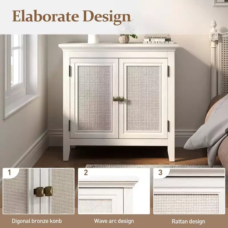 Mobile contenitore Heynemo, mobile credenza da cucina con ante in rattan, mobile buffet di design con ripiani regolabili