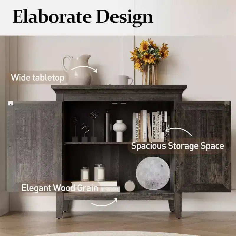 Mobile contenitore Heynemo, mobile credenza da cucina con ante in rattan, mobile buffet di design con ripiani regolabili