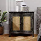 Mobile contenitore Heynemo, mobile credenza da cucina con ante in rattan, mobile buffet di design con ripiani regolabili